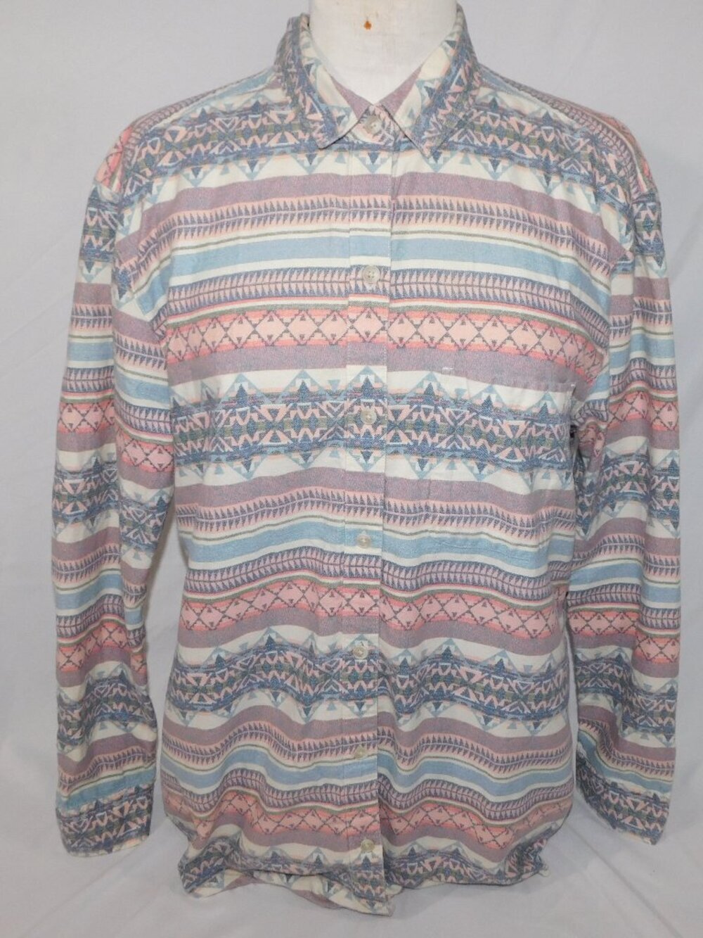 Eddie Bauer Pink Blue Boyfriend Fit Flannel LS Shirt Aztec Womens TL Tall Large